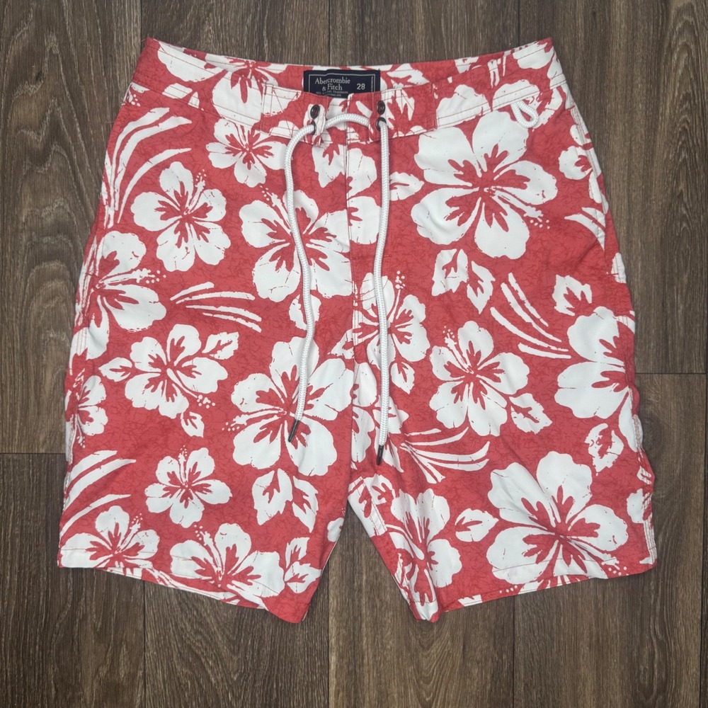 Abercrombie Fitch Mens Swim Trunks Shorts Red White Floral Hibiscus Size 28